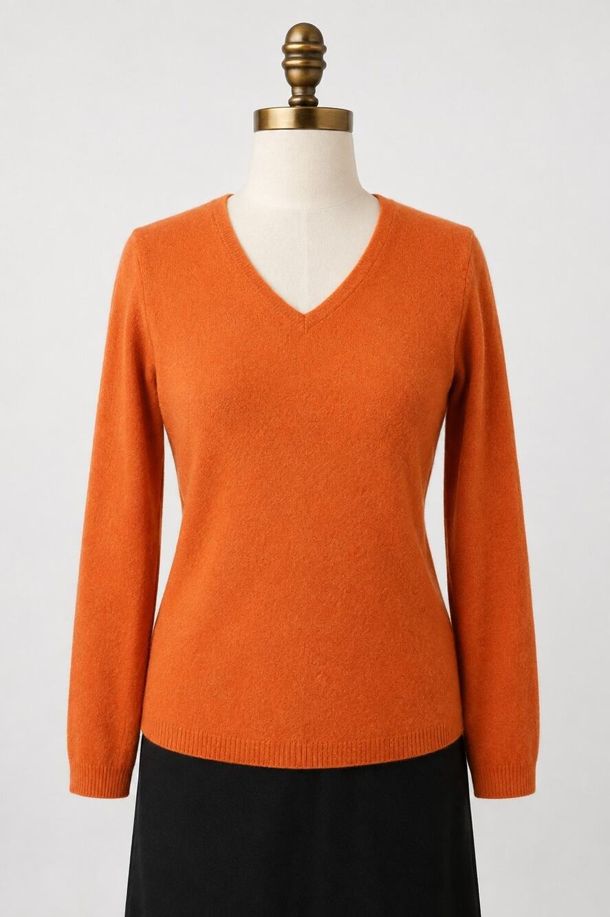 Keira 100% 2-Ply Cashmere Sweater Women's Orange V-Neck Long Sleeve Soft Luxury